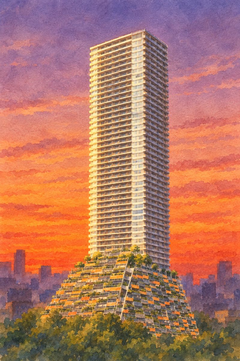 夕陽の豊島区役所 屋上庭園「豊島の森」を描いた絵