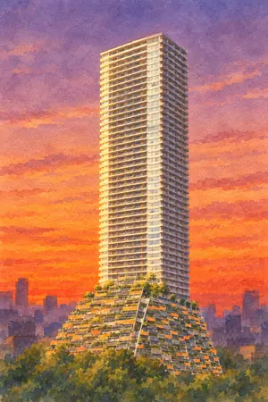 夕陽の豊島区役所 屋上庭園「豊島の森」を描いた絵