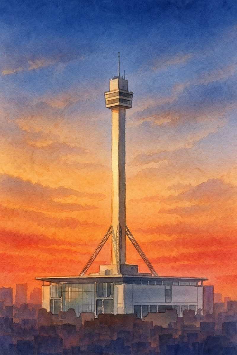 夕陽のタワーホール船堀 展望室を描いた絵