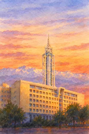 夕陽の富山市役所 展望塔を描いた絵