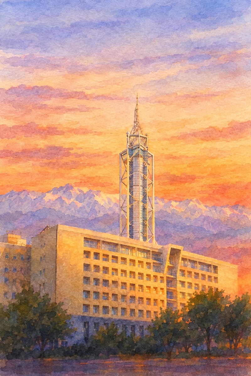 夕陽の富山市役所 展望塔を描いた絵
