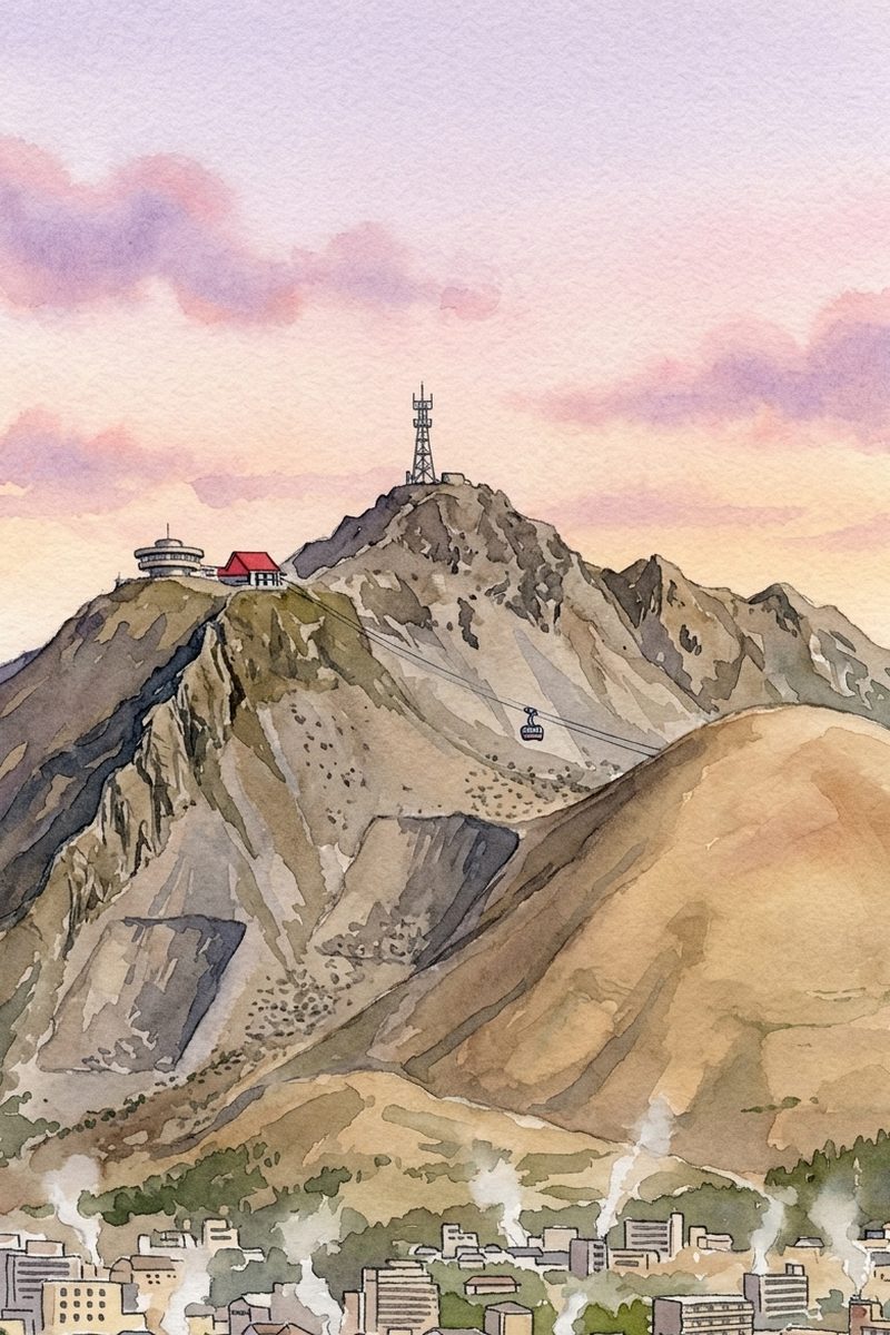夕陽の鶴見岳(別府ロープウェイ)を描いた絵