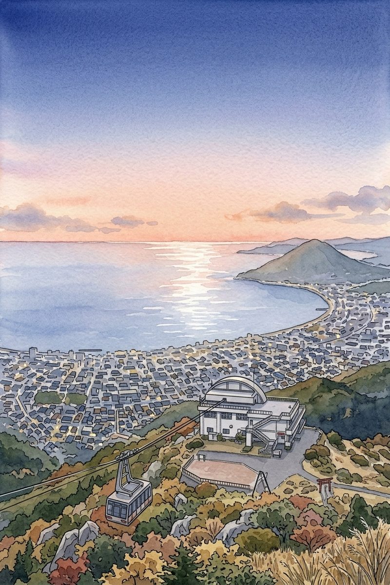 朝の鶴見岳(別府ロープウェイ)を描いた絵