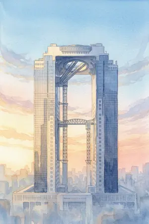 朝の梅田スカイビル 空中庭園展望台を描いた絵