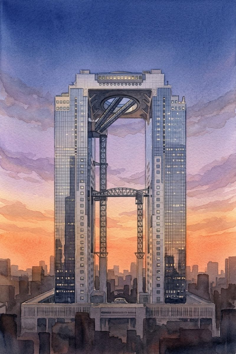 夕陽の梅田スカイビル 空中庭園展望台を描いた絵