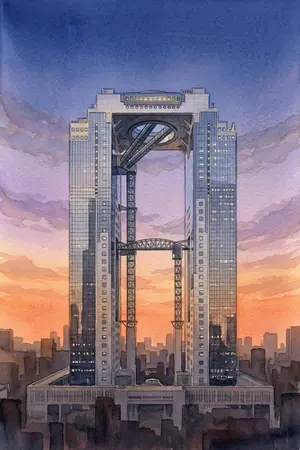 夕陽の梅田スカイビル 空中庭園展望台を描いた絵