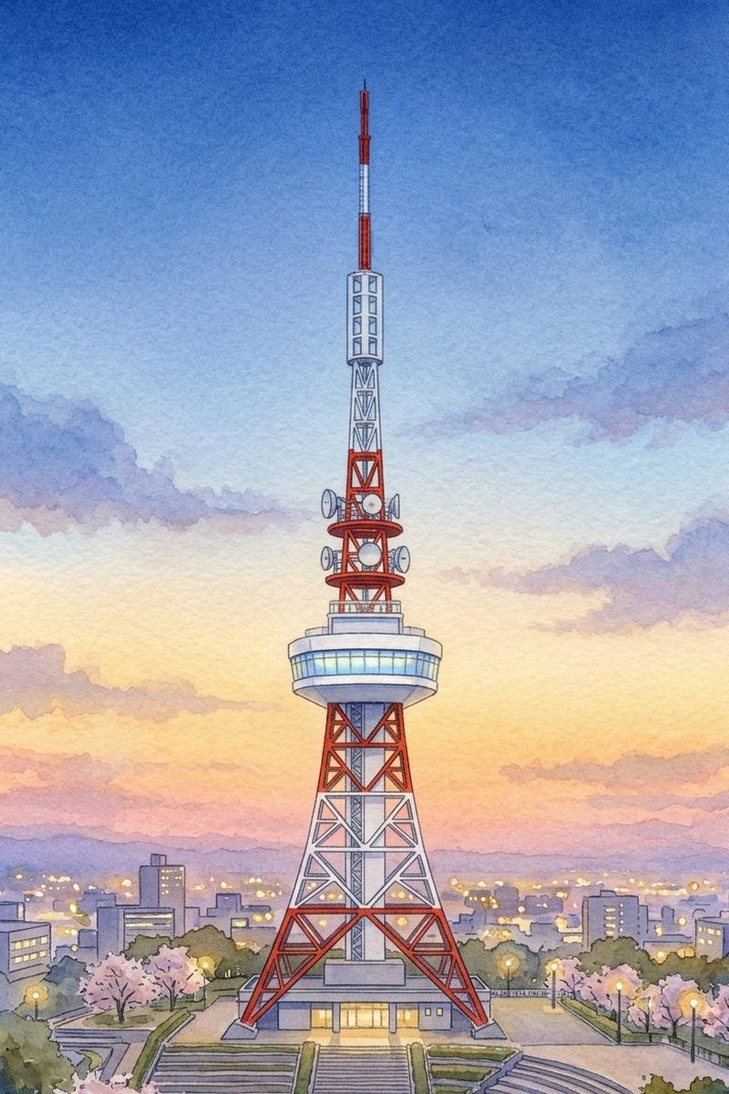 夕陽の宇都宮タワーを描いた絵