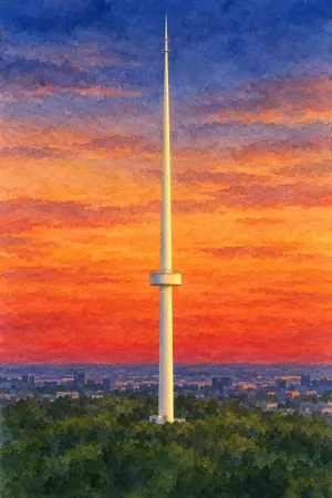 夕陽の宇都宮タワーを描いた絵