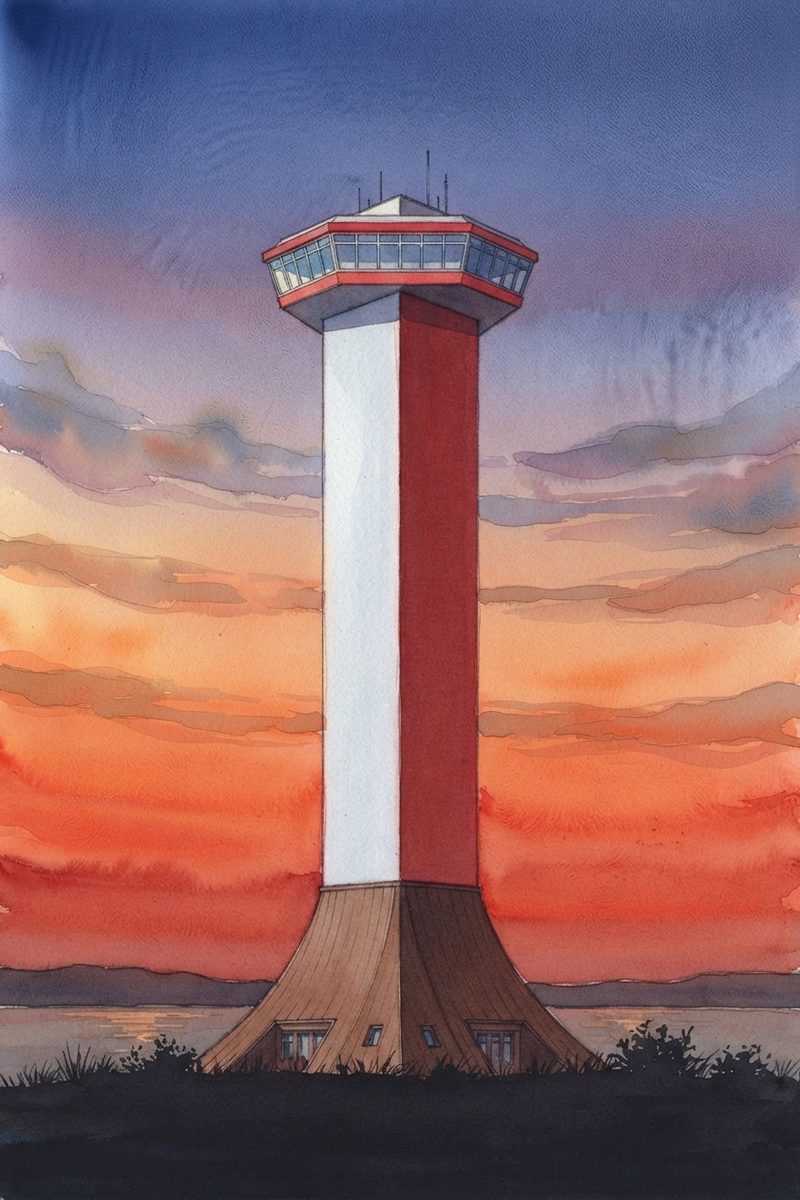 夕陽の稚内市開基百年記念塔を描いた絵