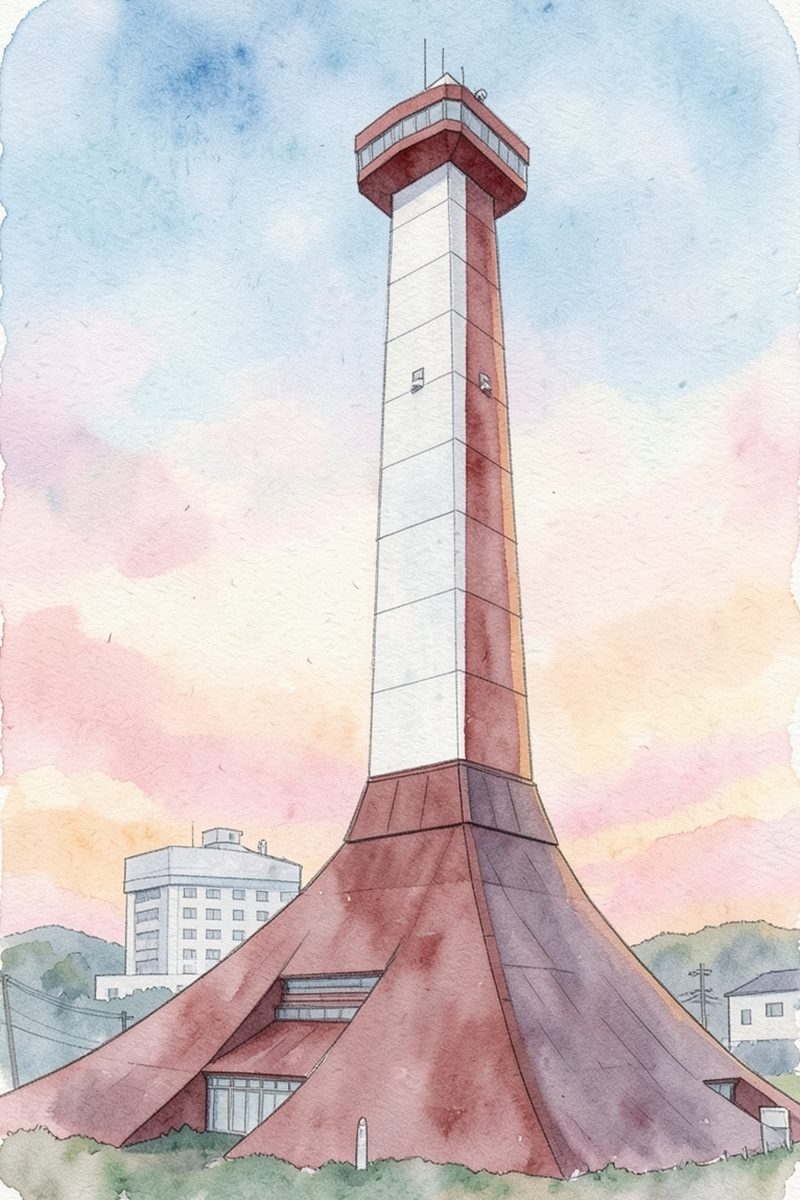 夕陽の稚内市開基百年記念塔を描いた絵