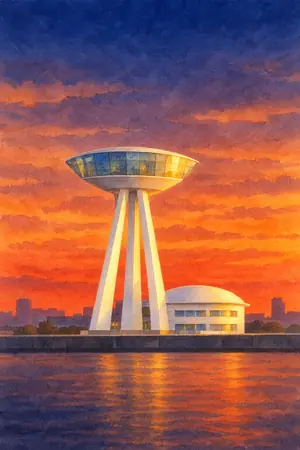 夕陽の夢みなとタワーを描いた絵