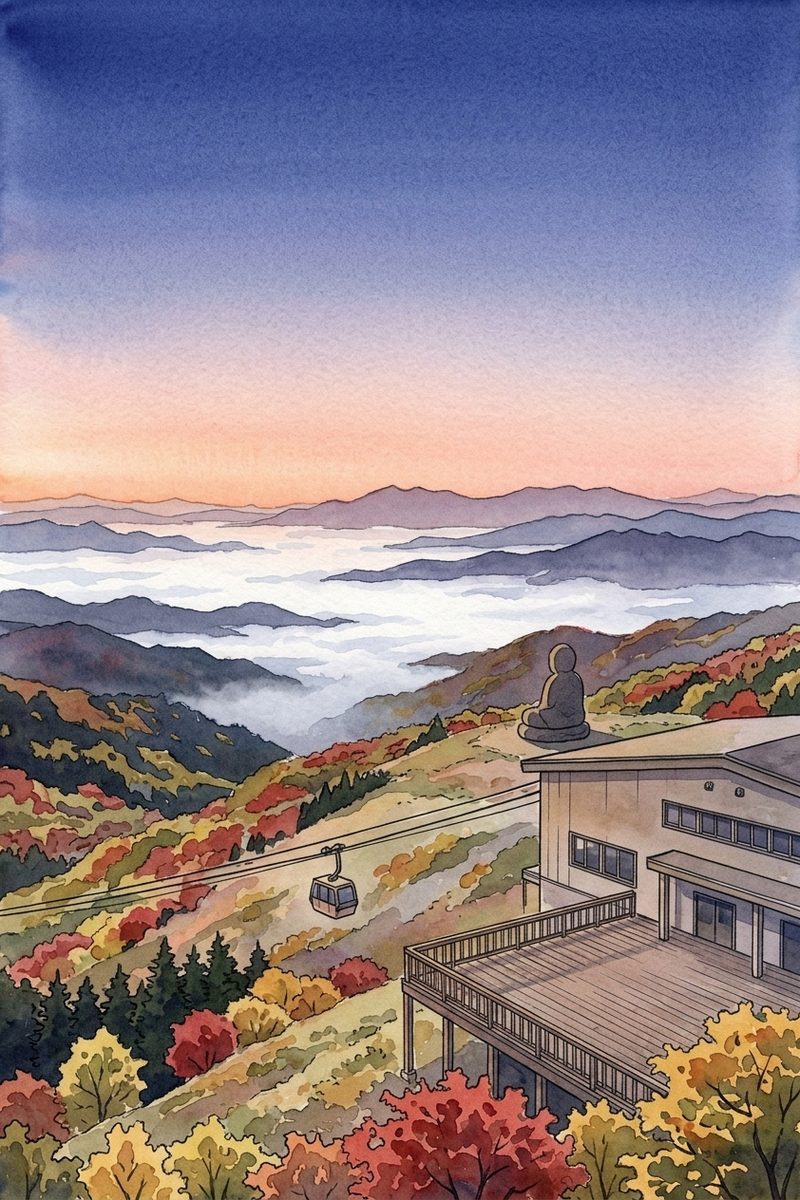 朝の蔵王ロープウェイ 地蔵山頂駅を描いた絵